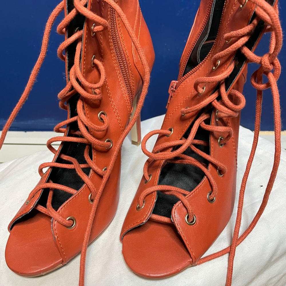 orange lace up heel